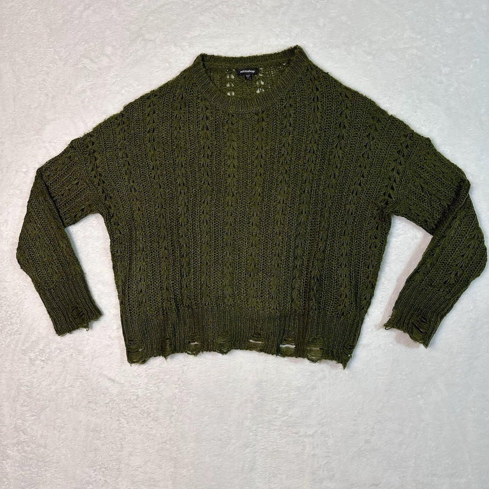 Mittoshop Sweater Womens S Gray‎ Dark  Green Drop Sleeve Cozy Loose Knit